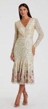 Mac Duggal A5589 Faux Wrap Long Sleeve Tea Length Sequin Beaded Midi Dress 6