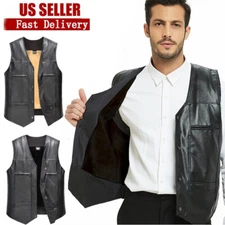Men Imitation Leather PU Motorcycle Biker Vest Fleece Winter Warm Undershirt Top