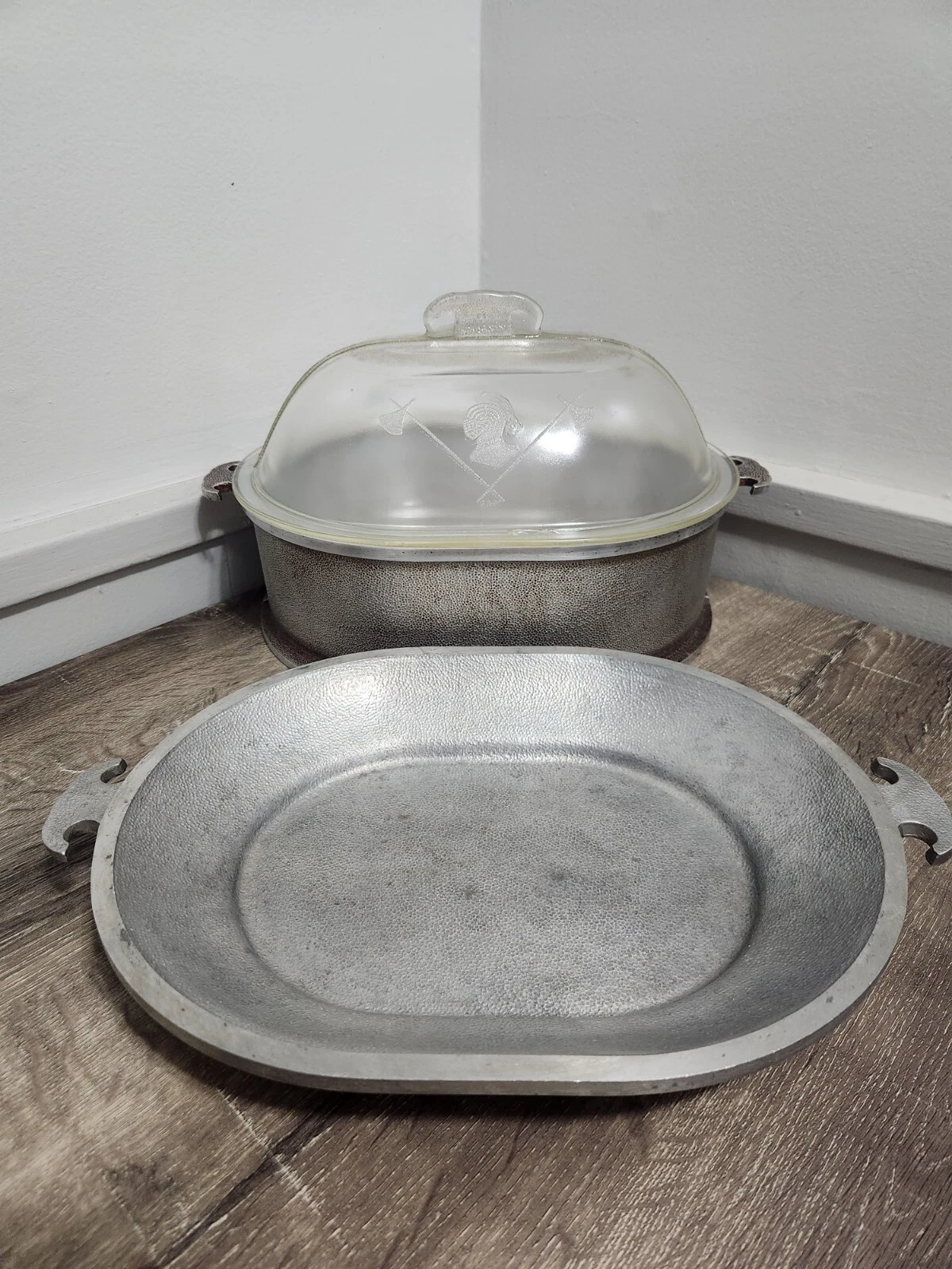 Vintage Aluminum Guardian Ware Oval Dutch Roaster 2-Pan Set W/ Glass Lid 13"