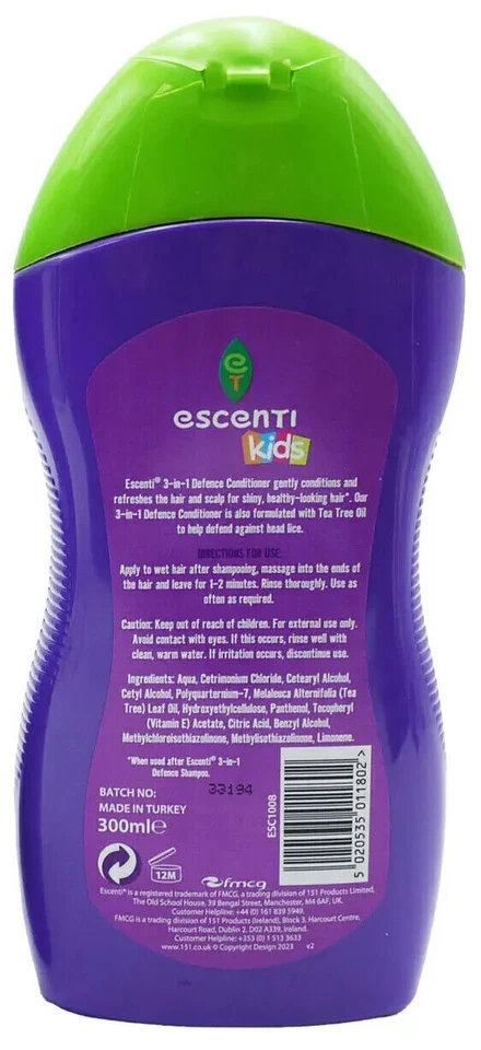 HEAD LICE SHAMPOO & CONDITIONER 3 IN 1 ESCENTI TEA TREE HEAD LICE DEFENCE 300ML - Image 4 of 4