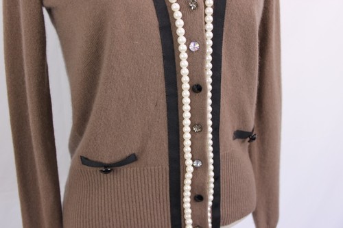 Clements Ribeiro Portobello 100% Cashmere Brown Pearl Cardigan- Woman's UK 12 - Picture 6 of 11