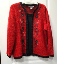 Cathy Daniels Top Woman LARGE Red Fuzzy Top 3/4 Sleeve Chest 22 Length 25 inch