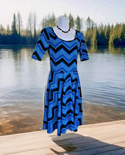 Lularoe Dress S Aqua Blue Black Chevron Simply Comfortable Stretch Artsy Beachy 