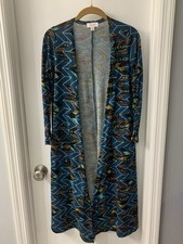 LuLaRoe Sarah Green Geometric Duster Cardigan Open Front with Pockets - Size XS