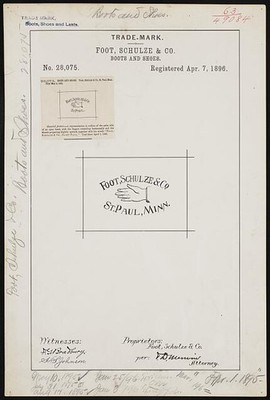 St. Paul Minnesota 1896 Foot Schulze Co Trademark Boots Shoes Hand Logo