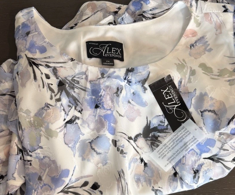 Alex Evenings Size 2X Chiffon Blouse Ivory Layers Asymmetrical Floral NEW