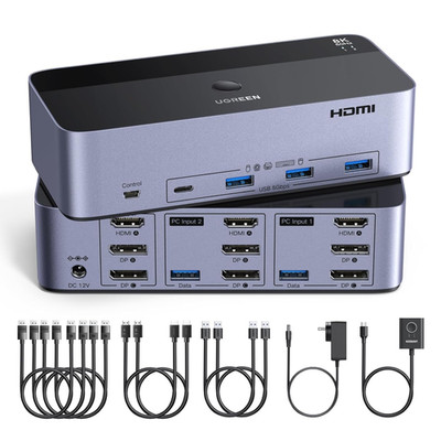 UGREEN 8K@60Hz HDMI Displayport KVM Switch 3 Monitors 2 Computers, Aluminum 4K@2