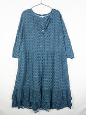 Boden Tiered Ruffle Midi Dress Womens US 16L Teal Navy Geo Print Boho Cottagecor
