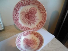 vintage Queens Myott factory archive illust. thanksgiving dinner plate and bowl