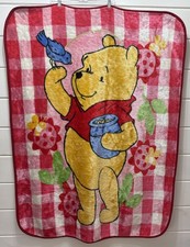Vtg Disney Winnie the Pooh Honey Pot bird Plaid Blanket Pink Fleece Baby Blanket
