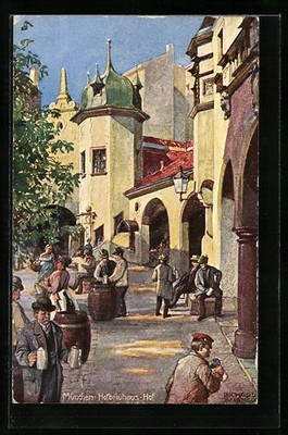 Artist postcard Richard Wagner: Munich, guests in the courtyard of the Hofbräuhaus 