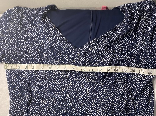 Betsey Johnson Kleid blau gepunktet Größe 12 Flatterärmel Goldakzent - Bild 14 von 14