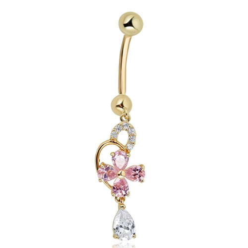 AVORA 10K Yellow Gold Cubic Zirconia CZ Dangling Pink Flower Belly Button Ring