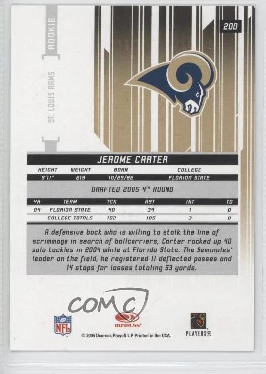 2005 Leaf Rookies & Stars Longevity Rookie Black /50 Jerome Carter #200 RC - Image 2 of 2