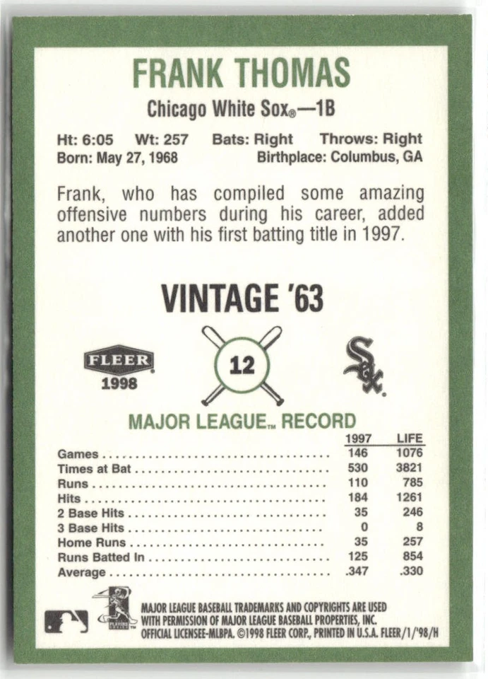 1998 FLEER TRADITION #12 FRANK THOMAS VINTAGE CHICAGO WHITE SOX - Image 2 of 2