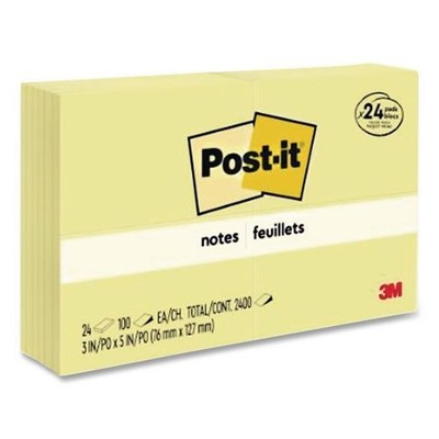 Post-it Notes Pads in Canary Yellow, Value PK, 3''x5'', 100 Sheets/Pad, 24 Pads/PK