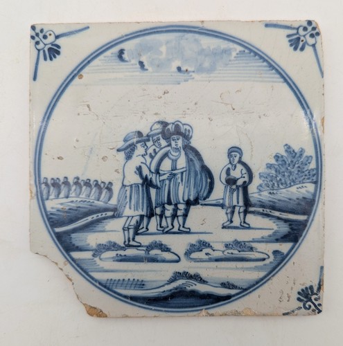 Antique Dutch Delft Tile Blue White Figural Landscape 17th/18th C 5" Square
