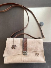 Purse, leather clutch or cross body, handmade, beige/cream/brown