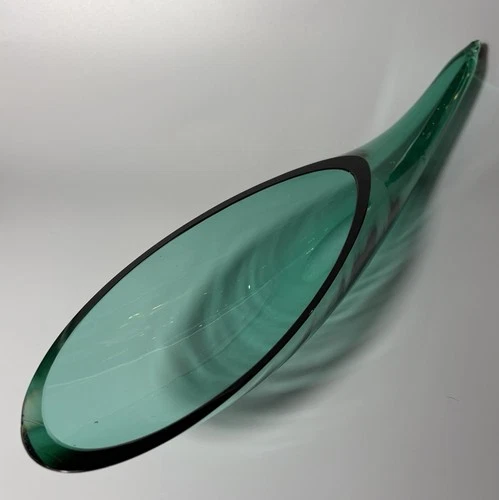 Blenko Art Glass - Teal Cornucopia Horn Vase -21 Inch