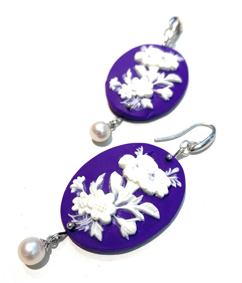 Orecchini Cameo Viola Argento Pendente Perla - Immagine 2 di 4