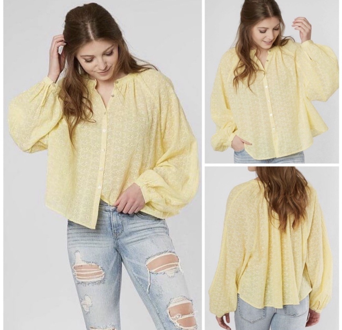 Free People Down From The Clouds Yellow Eyelet Peasant Blouse Cottagecore sz. S