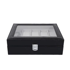 6 Slots Watch Box PU Leather Watch Case Jewelry Storage Glass Lid Display Case