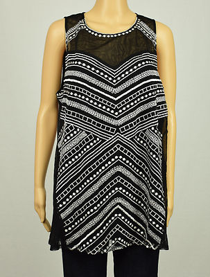 Alfani Damen Schwarz Weiß Bestickt Netz Illusion Tank Bluse Top XL