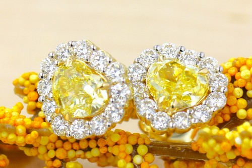 GIA Fancy Intense Yellow Diamond Heart Shape 3.88 CTW Earrings 18K Yellow Gold - Picture 2 of 10
