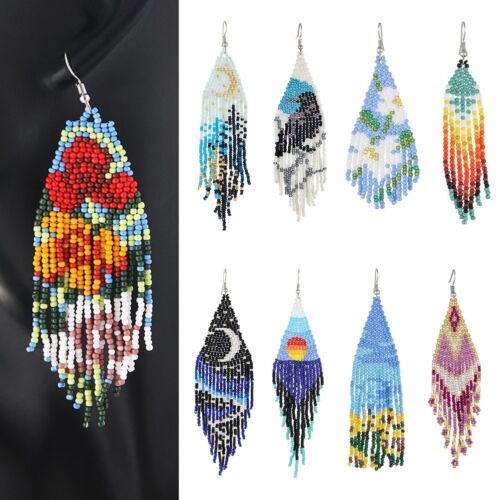Bohemian Beads Earrings Multicolour Long Beaded Drop Dangle Earrings Handmade - Afbeelding 1 van 78