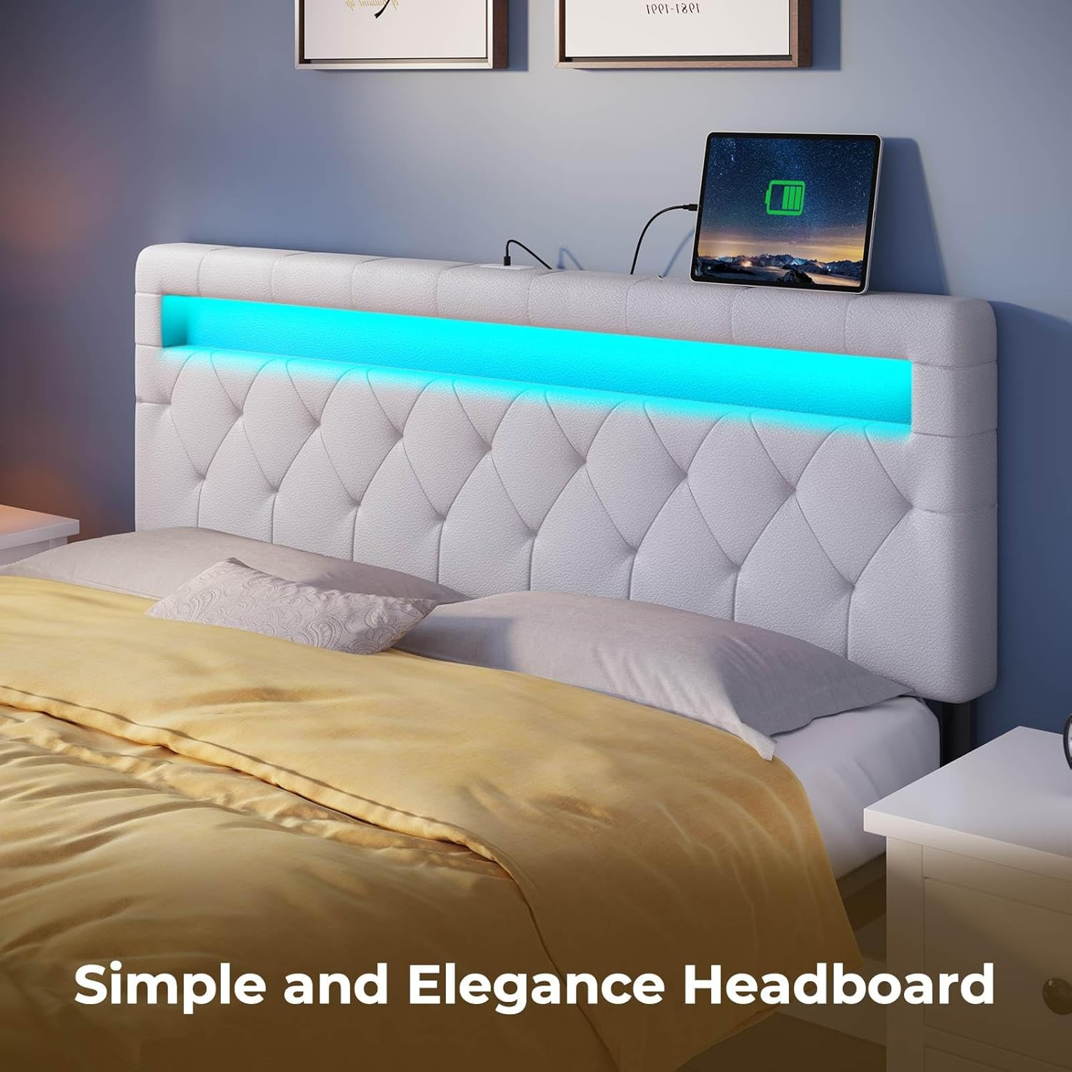 Adjustable White Leather Full Bed Headboard with LED Lights & USB Ports