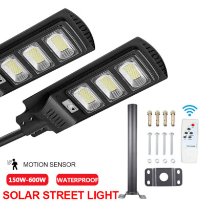 150W-600W LED Solar Street Lamps IP66 Remote Control+Pole Dusk To Dawn Road Lamp