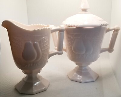 Jeannette BALTIMORE PEAR Pink Milk Glass Lidded Sugar & Creamer