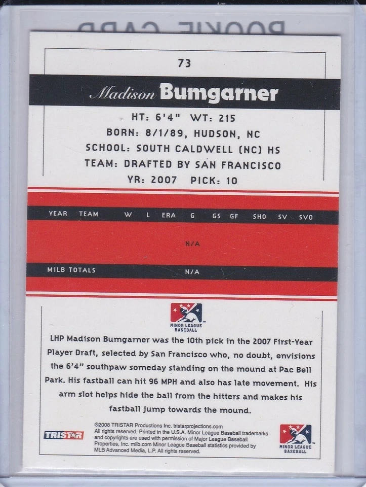 MADISON BUMGARNER ROOKIE CARD 2008 TriStar Projections FOIL VARIATION Giants RC! - Image 2 of 2