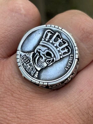 Real 925 Sterling Silver Mens Coin Ring Skull W. Crown Death King Skeleton 7-13 - Image 1 of 4