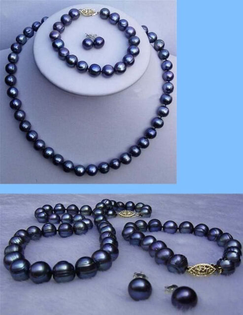 8-9mm Genuine Black Akoya Cultured Pearl Necklace Bracelet Earrings Jewelry Set