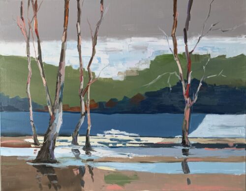 TRANQUILITY WITH NATURE. Trees by the sea. LANDSCAPE. ORIGINAL OIL PAINTING. - Picture 1 of 8