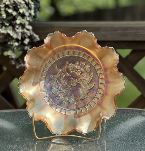 Dugan Carnival Glass Bowl Windflower Pattern Light Marigold Color Ruffle Vintage - Picture 2 of 6