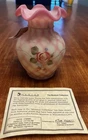Fenton Burmese Art Glass Diamond Optic Pinched Painted Roses Vase Uranium 4.5”