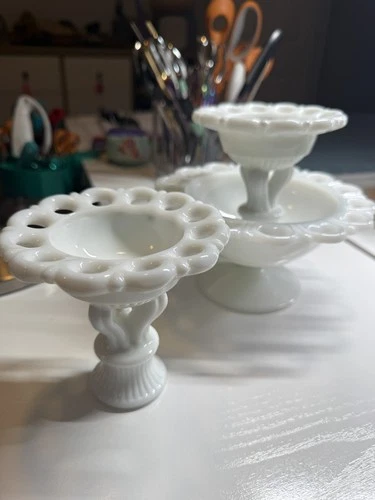 Vintage Anchor Hocking Old Colony Lace Edge Milk Glass Pedestal Candy Dish set