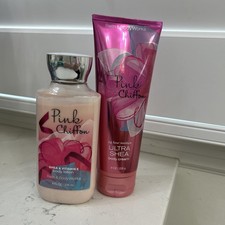 pink chiffon bath and body works lotion and body cream set