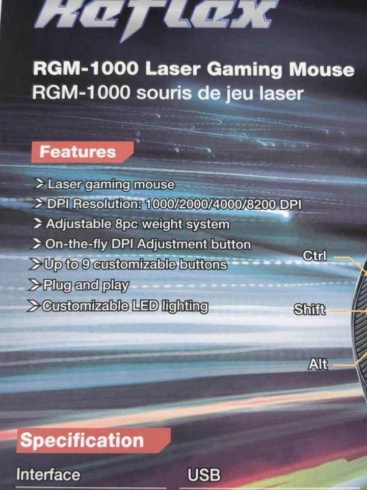 Reflex RGM-1000 USB Gaming Mouse 8200 DPI Laser 9 Button Right-Handed RGB - Image 4 of 4