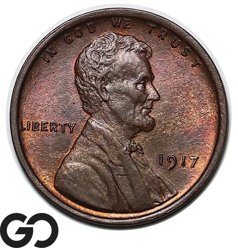 1917 Lincoln Cent Wheat Penny, Red Brown, Solid Gem BU++ RB