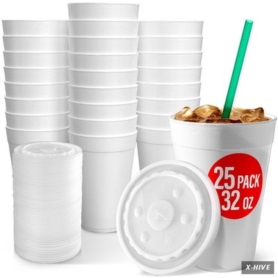32 Oz Styrofoam Cups with Lids (25 Pack) Large Foam Cups for Hot and Cold Drinks