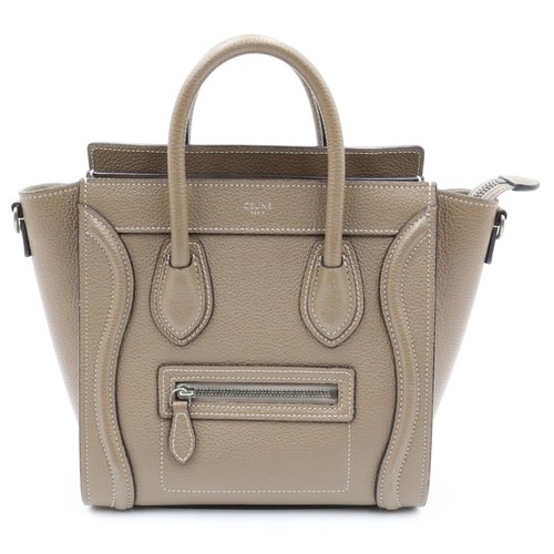 CELINE Luggage Nano Sri Hand Shoulder Bag 2 Way Calfskin Leather Greige Used d33