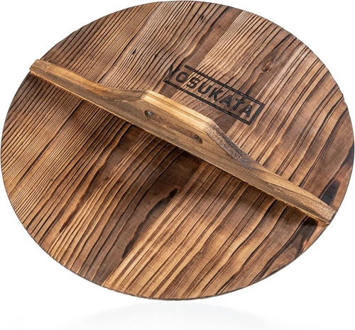YOSUKATA Cast Iron Wok Cover - Premium Wok Cover 14 inch Pan Lid - Wooden Wok Lid 14 in with Ergonomic Handle - Condensate-free 14 inch Pan Lid - Durable Wok Accessories for Genuine Asian Cooking