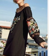 Free People Boho Fleur De Jour Black Embroidered Off The Shoulder Dress Tunic XS