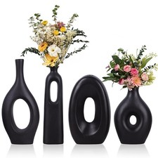 Black Ceramic Vase Set of 4 - Round Hollow Boho Vases for Pampas Grass and Fl...