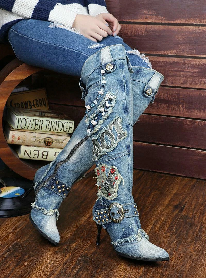 Women s Denim Rhinestone Rivet Patch Stilettos Heel Pointy Toe
