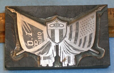 Antique ODD FELLOWS SHIELD & CROSSED FLAGS Zinc Printing Block * MC Lilley G161 