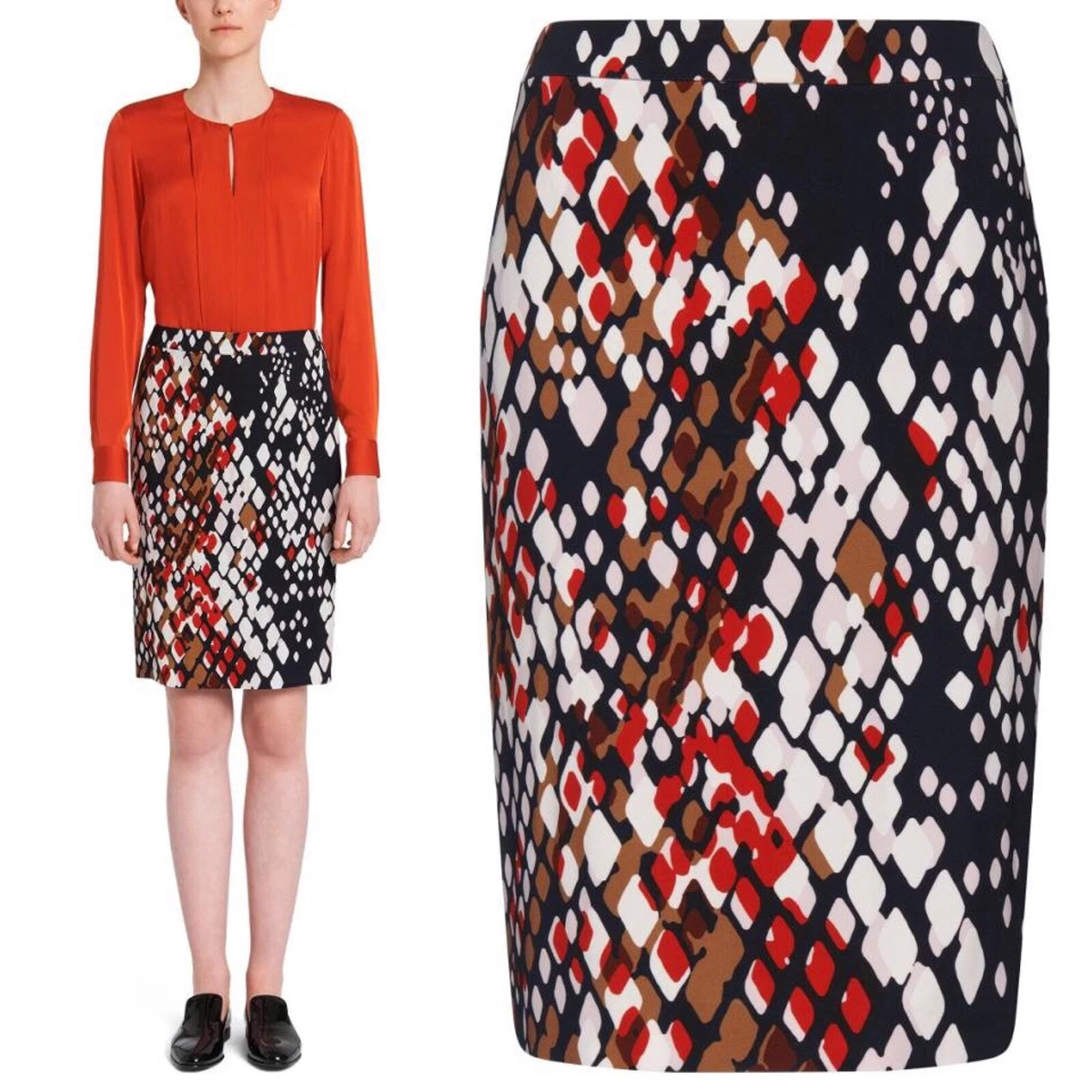 HUGO BOSS Vilea Pencil Skirt Abstract Print Snakeskin Orange Red